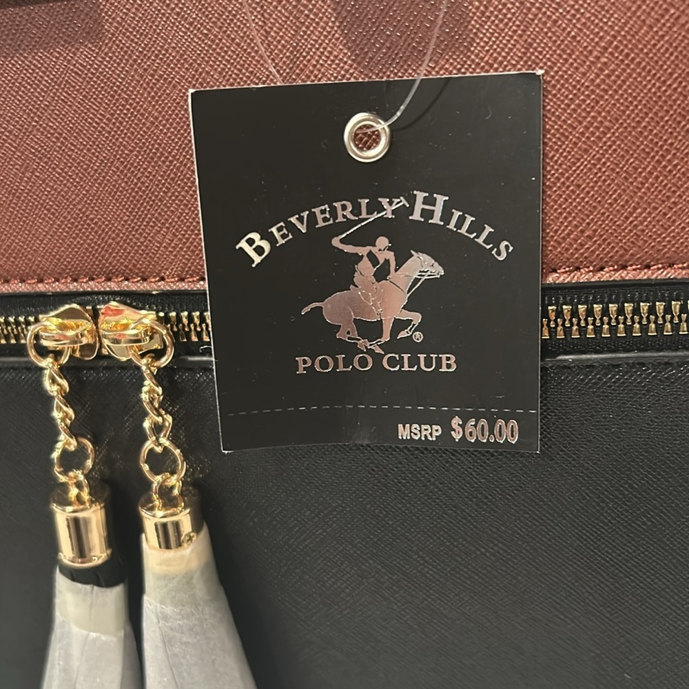Beverly Hills Polo Club Shoulder bag Brown Black Faux Zip Front with Tassels New - Picture 2 of 8